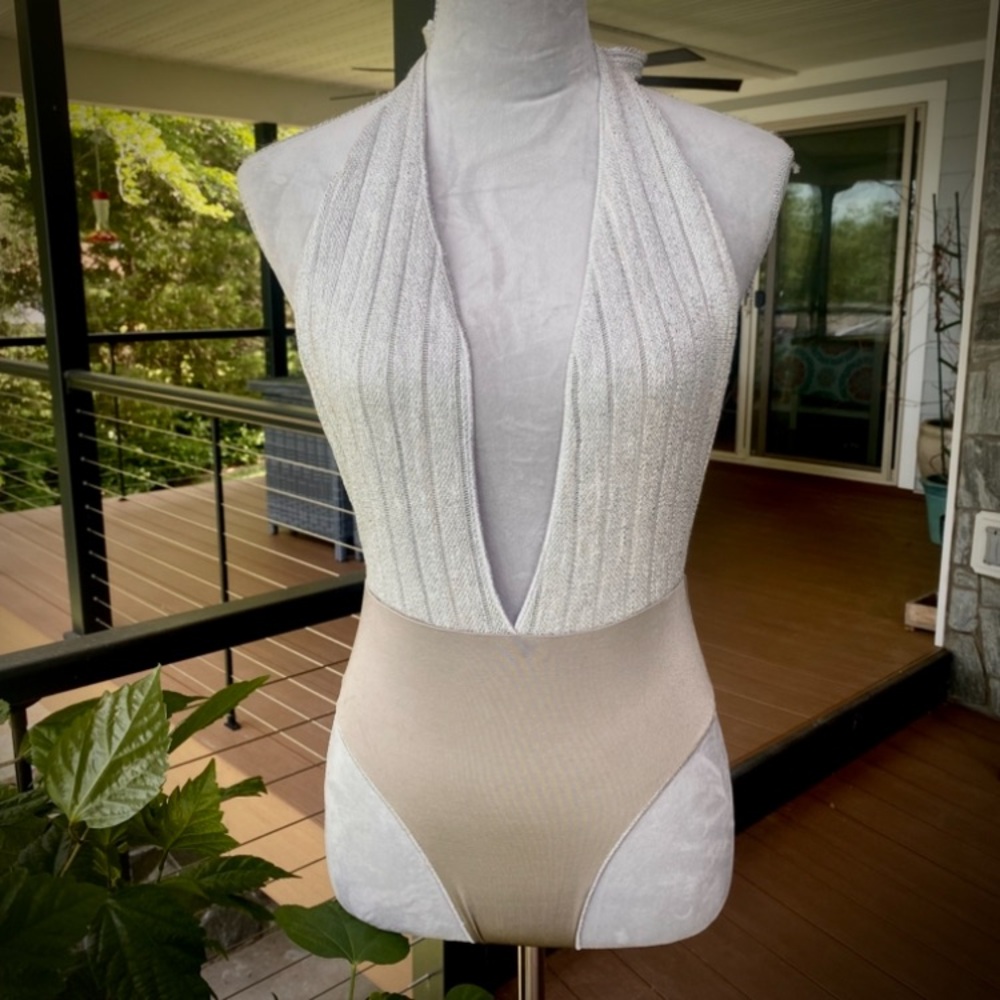 Shimmering Silver Deep V-Neck Swimsuit… STUNNING , RARE ! L